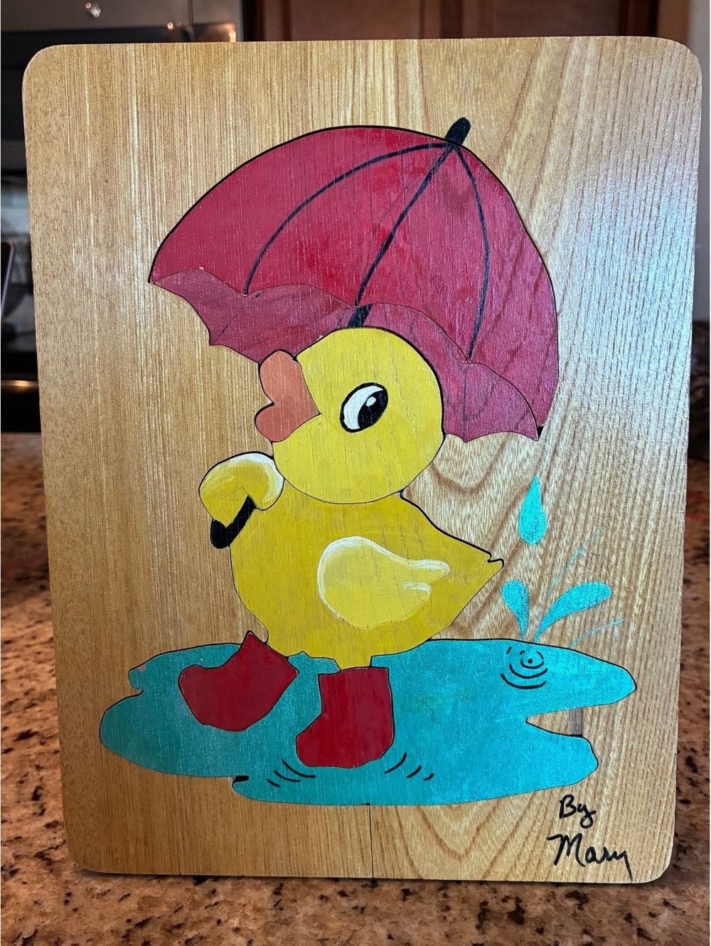 Vintage Hand Painted Signed Wooden Duck with Umbrella Puzzle Wood Art